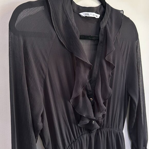 Zara | Chiffon Tiered, Ruffle collar V-neck Maxi Dress Black | SZ Small Women's - Picture 6 of 15